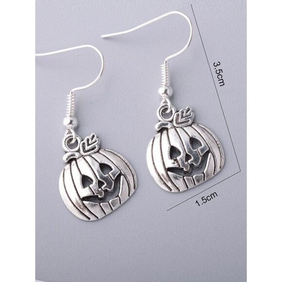SILVER PUMPKIN JACK-O-LANTERN DANGLE EARRINGS - Picture 3 of 6